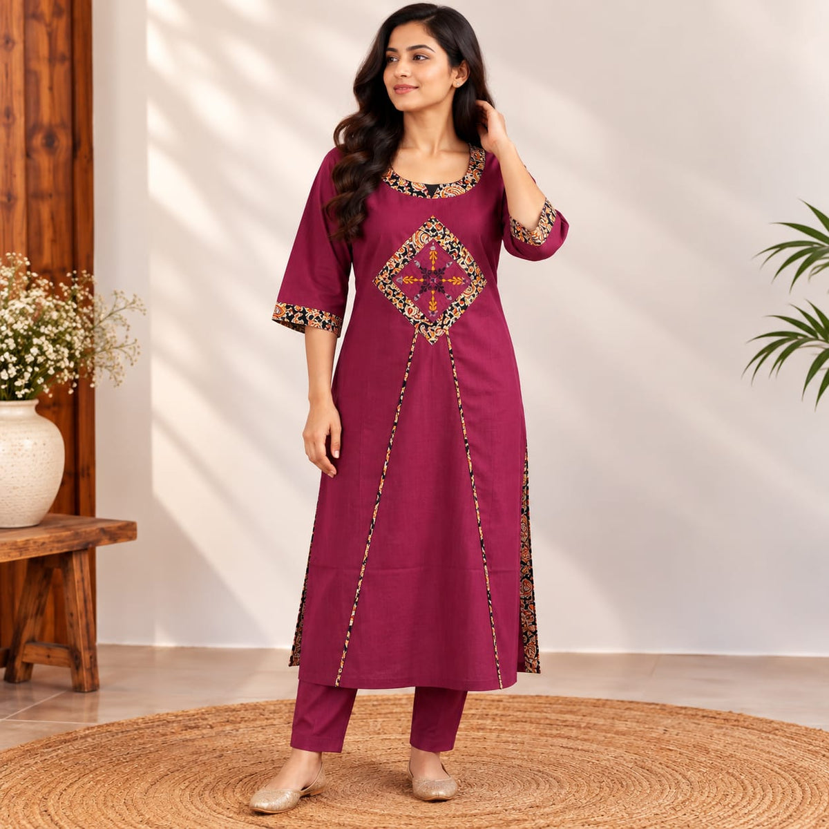Wine Embroidered Cotton Co-Ord Set