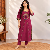 Wine Embroidered Cotton Co-Ord Set