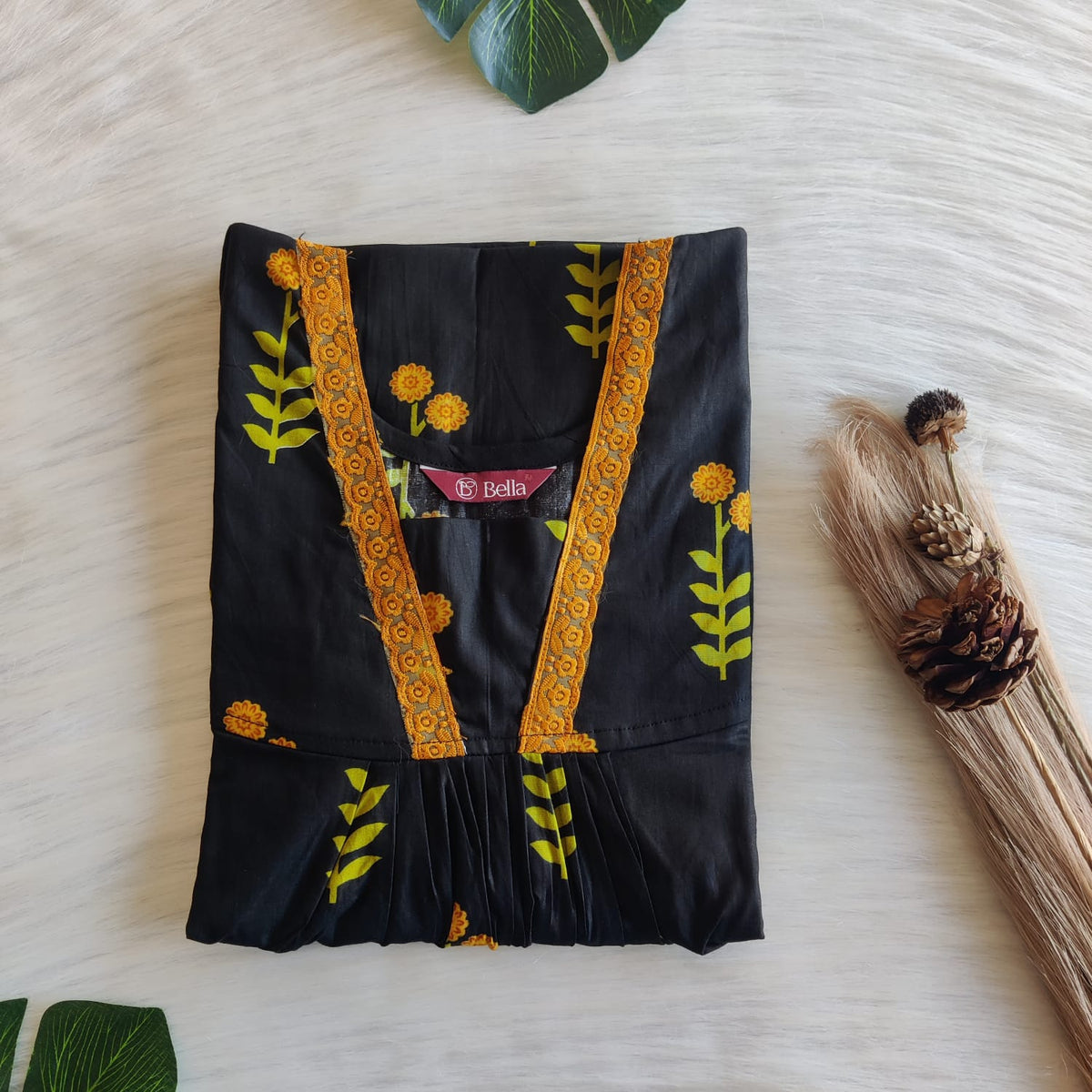Yellow Floral Printed Black Premium Cotton V-Neck Lace Pleated Nighty | No Zip | Free Size | Chest Width 44″| Length 56″