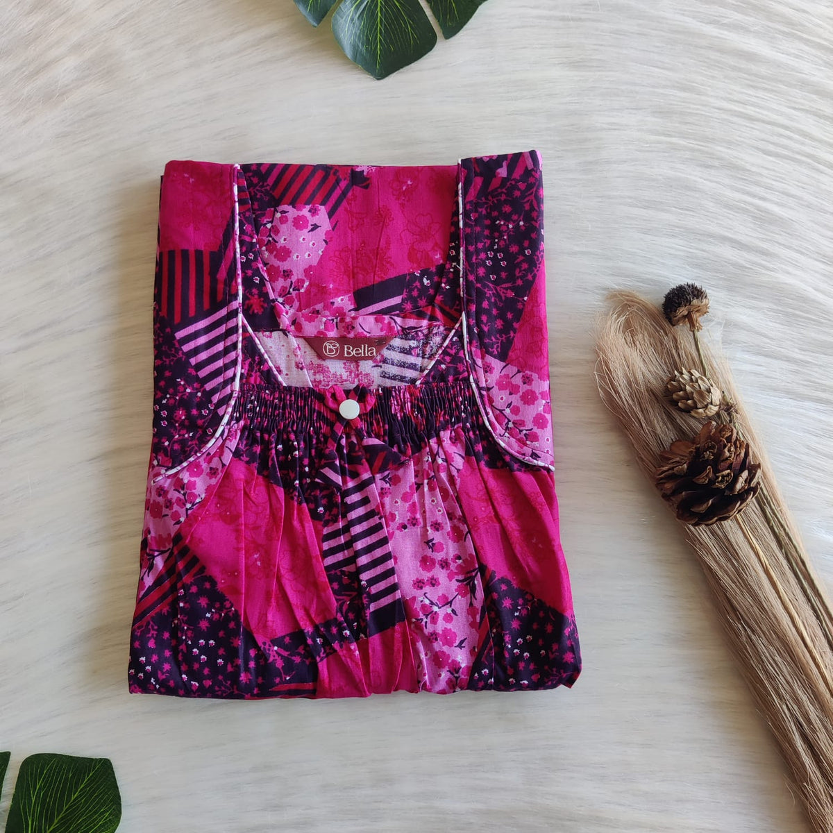Pink And Black Printed Premium Cotton Front Elastic Pleated Nighty | Free Size | Chest Width 44″| Length 56″