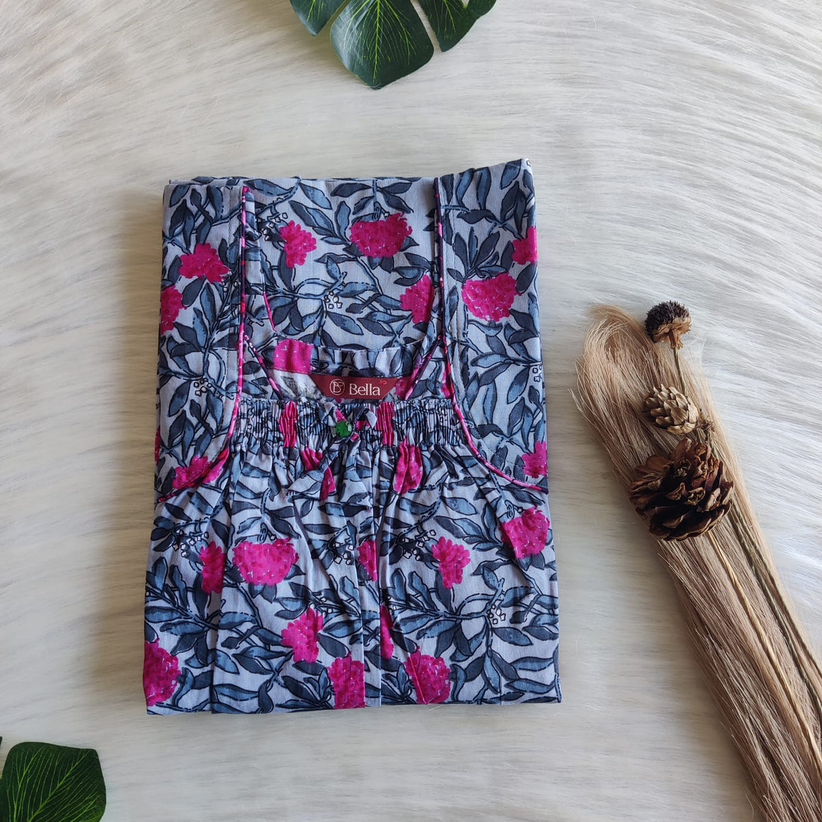 Pink Floral Printed Blue Printed Premium Cotton Front Elastic Pleated Nighty | Free Size | Chest Width 44″| Length 56″