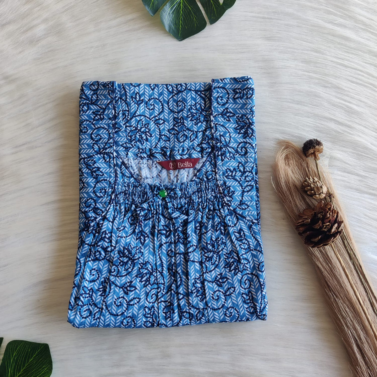 Blue Printed Premium Cotton Front Elastic Pleated Nighty | Free Size | Chest Width 44″| Length 56″
