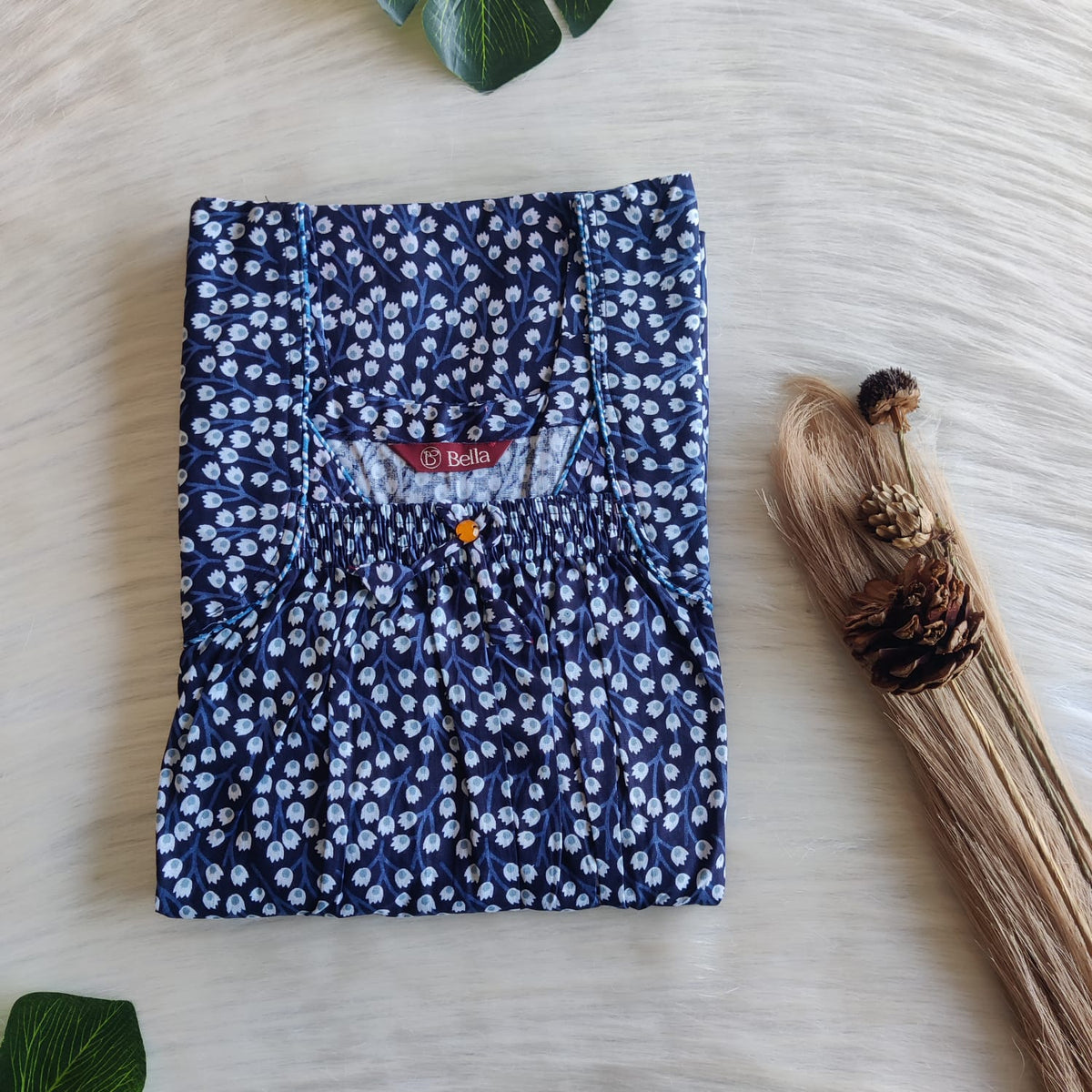 Navy Blue Floral Printed Premium Cotton Front Elastic Pleated Nighty | Free Size | Chest Width 44″| Length 56″