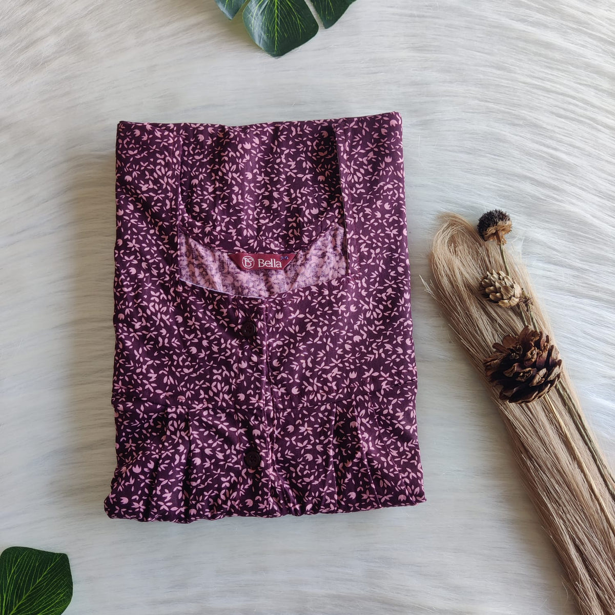 Maroon Floral Printed Premium Cotton Full Open Labour Room Nighty | Free Size | Chest Width 44"| Length 54"-56"