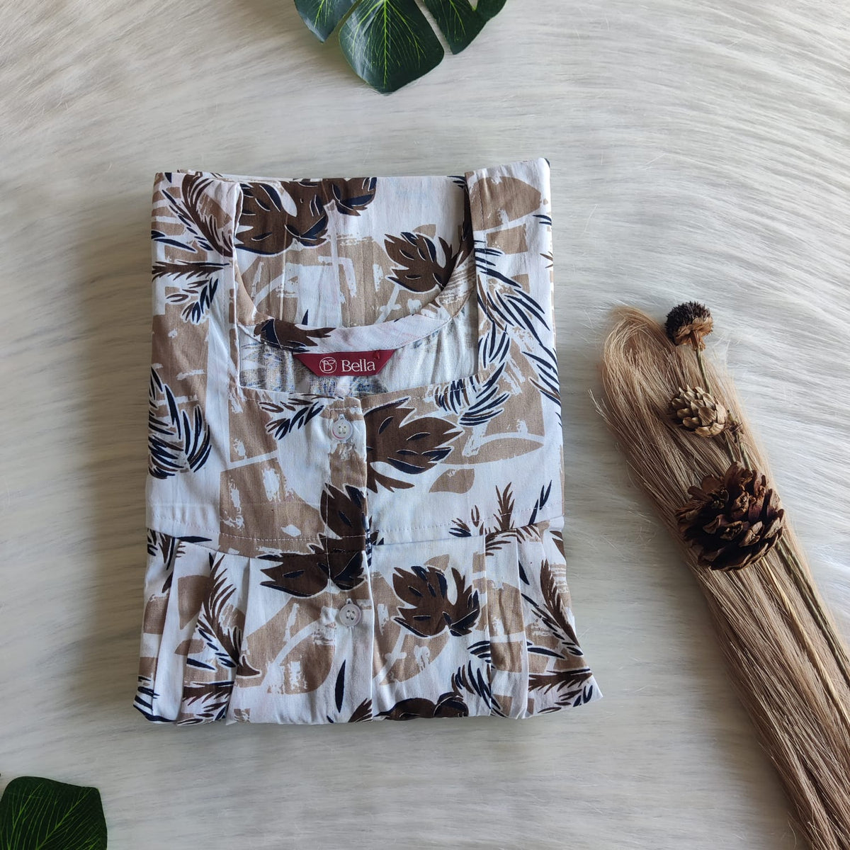 Brown Floral Printed White Premium Cotton Full Open Labour Room Nighty | Free Size | Chest Width 44"| Length 54"-56"