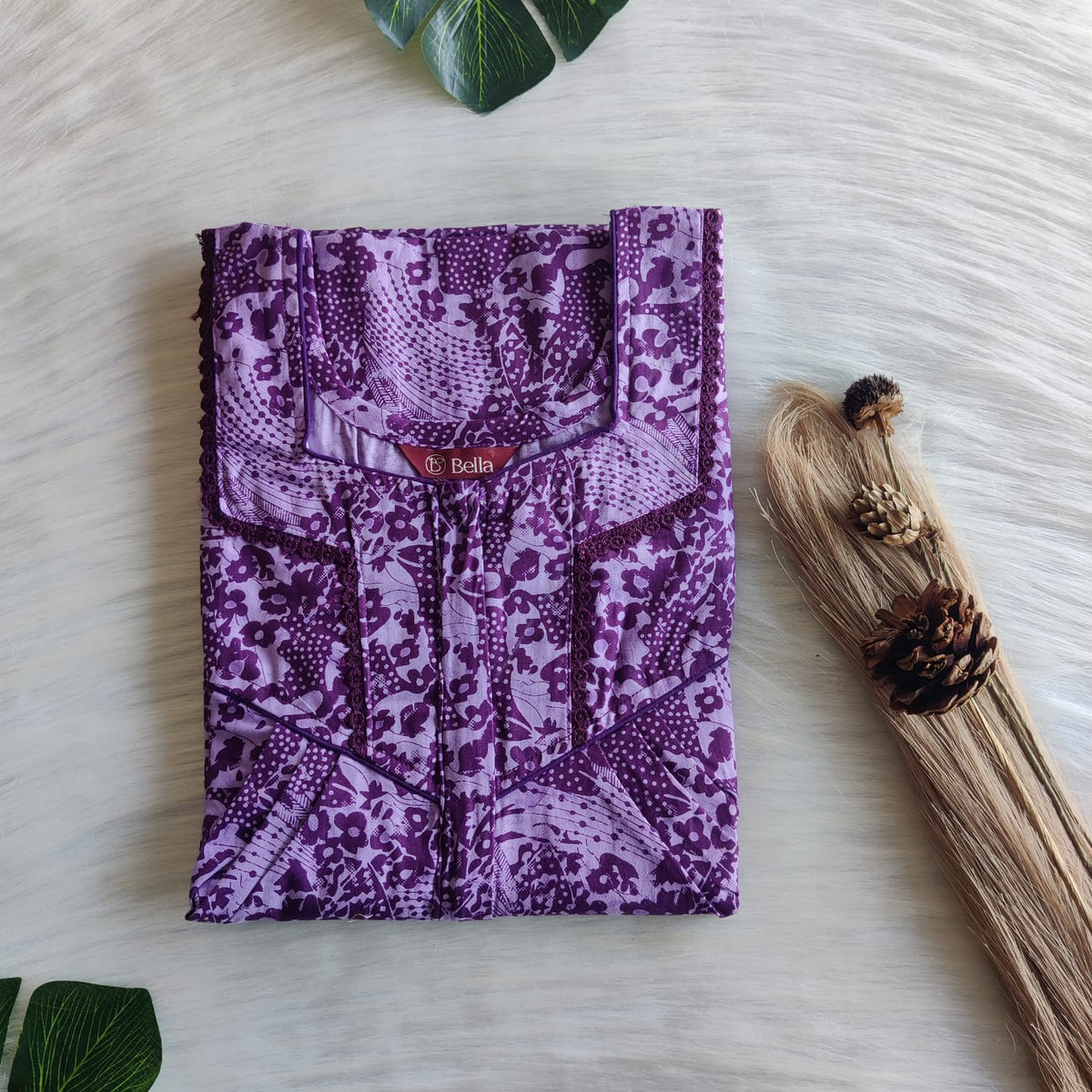 Purple Printed Premium Cotton Long Zip Lace Feeding Nighty | Free Size | Chest Width 44″| Length 56″