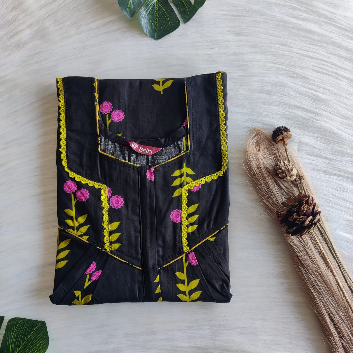 Pink Floral Printed Black Premium Cotton Long Zip Lace Feeding Nighty | Free Size | Chest Width 44″| Length 56″