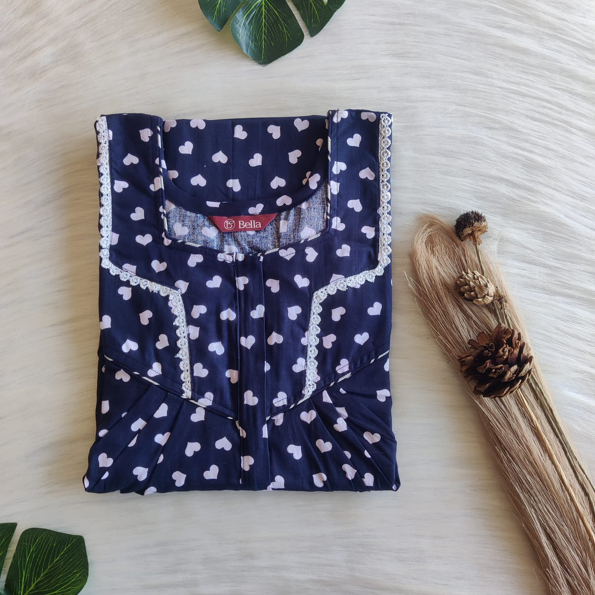 Navy Blue Heart Printed Premium Cotton Long Zip Lace Feeding Nighty | Free Size | Chest Width 44″| Length 56″