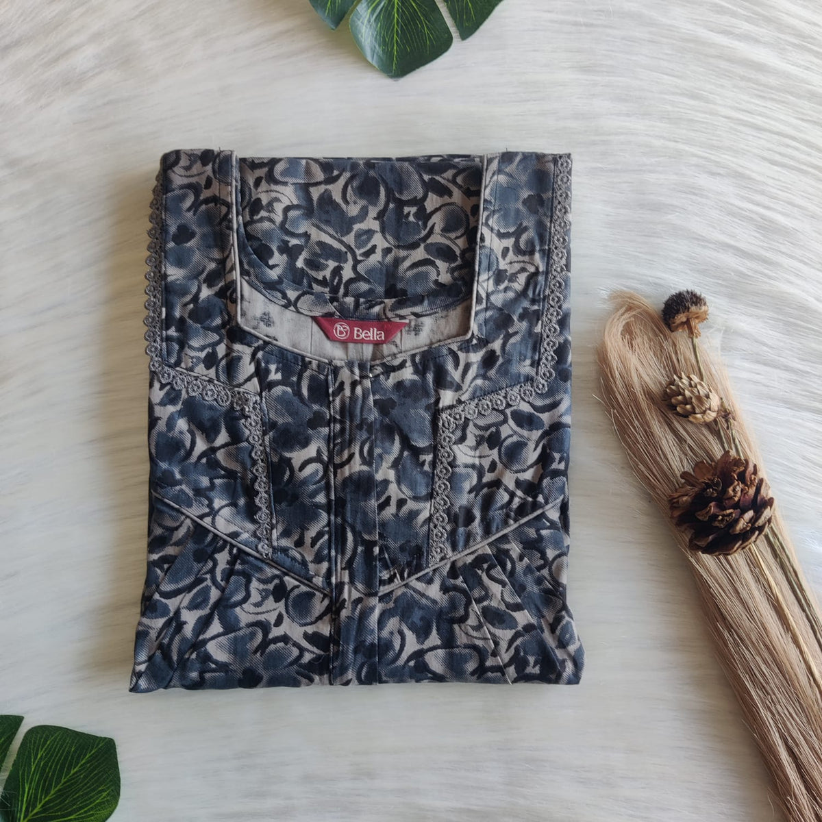 Grey Floral Printed Premium Cotton Long Zip Lace Feeding Nighty | Free Size | Chest Width 44″| Length 56″