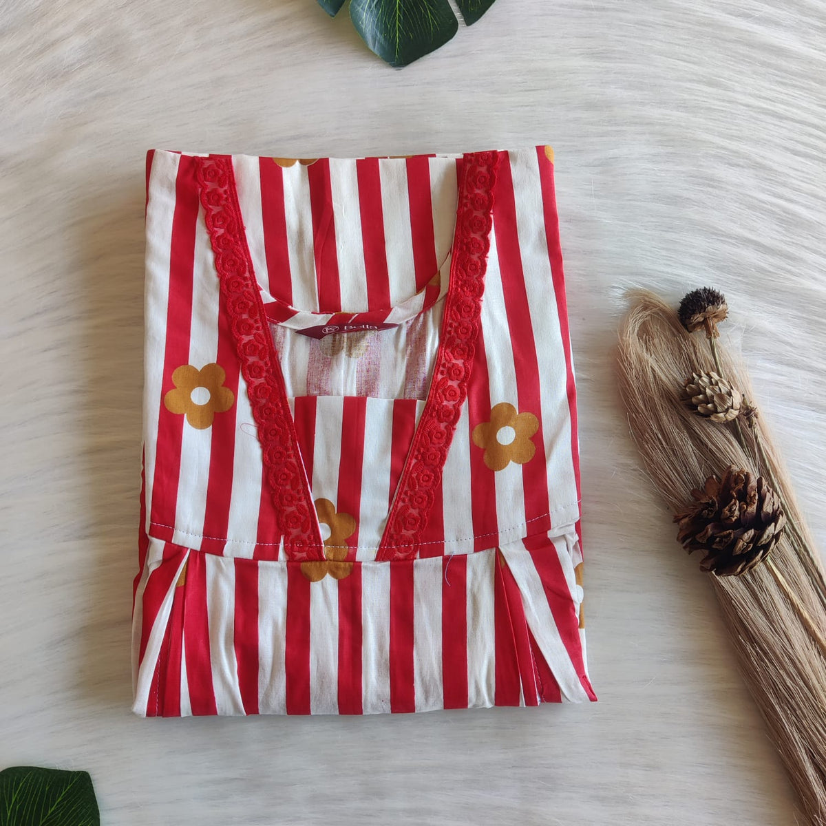 Red Stripes Printed Premium Cotton Two Side Vertical Lace Zip Feeding Nighty | Free Size | Chest Width 44″| Length 56″
