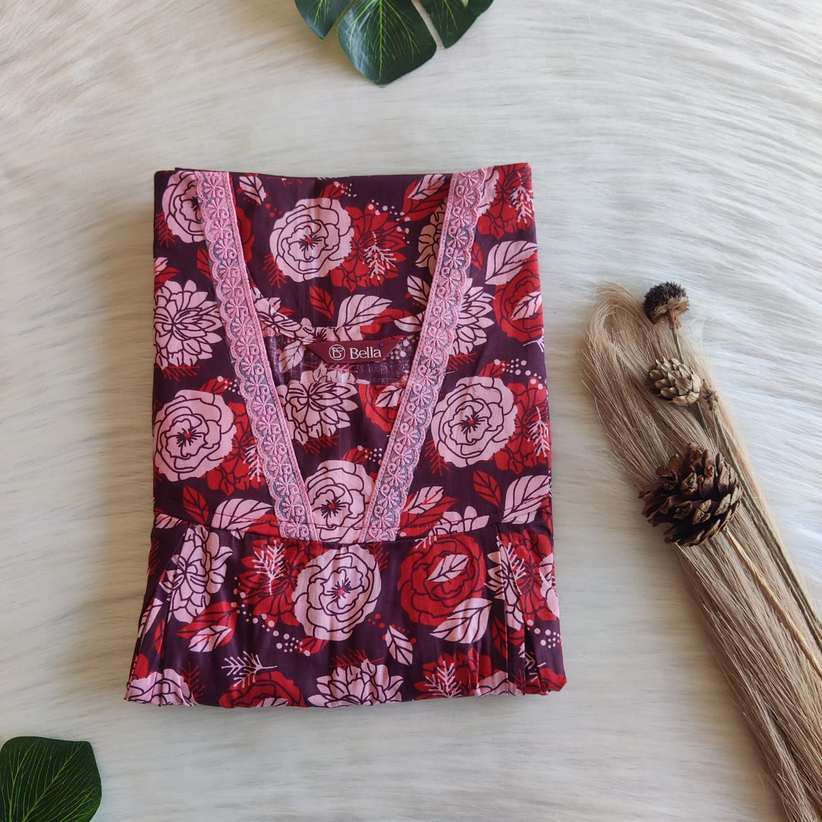Peach And Red Floral Printed Premium Cotton Two Side Vertical Lace Zip Feeding Nighty | Free Size | Chest Width 44″| Length 56″
