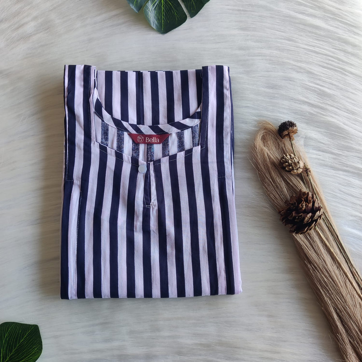 Navy Blue Stripes Printed Premium Cotton Aline Cut Vertical Zip Feeding Nighty | Free Size | Chest Width 44″| Length 54″-56″