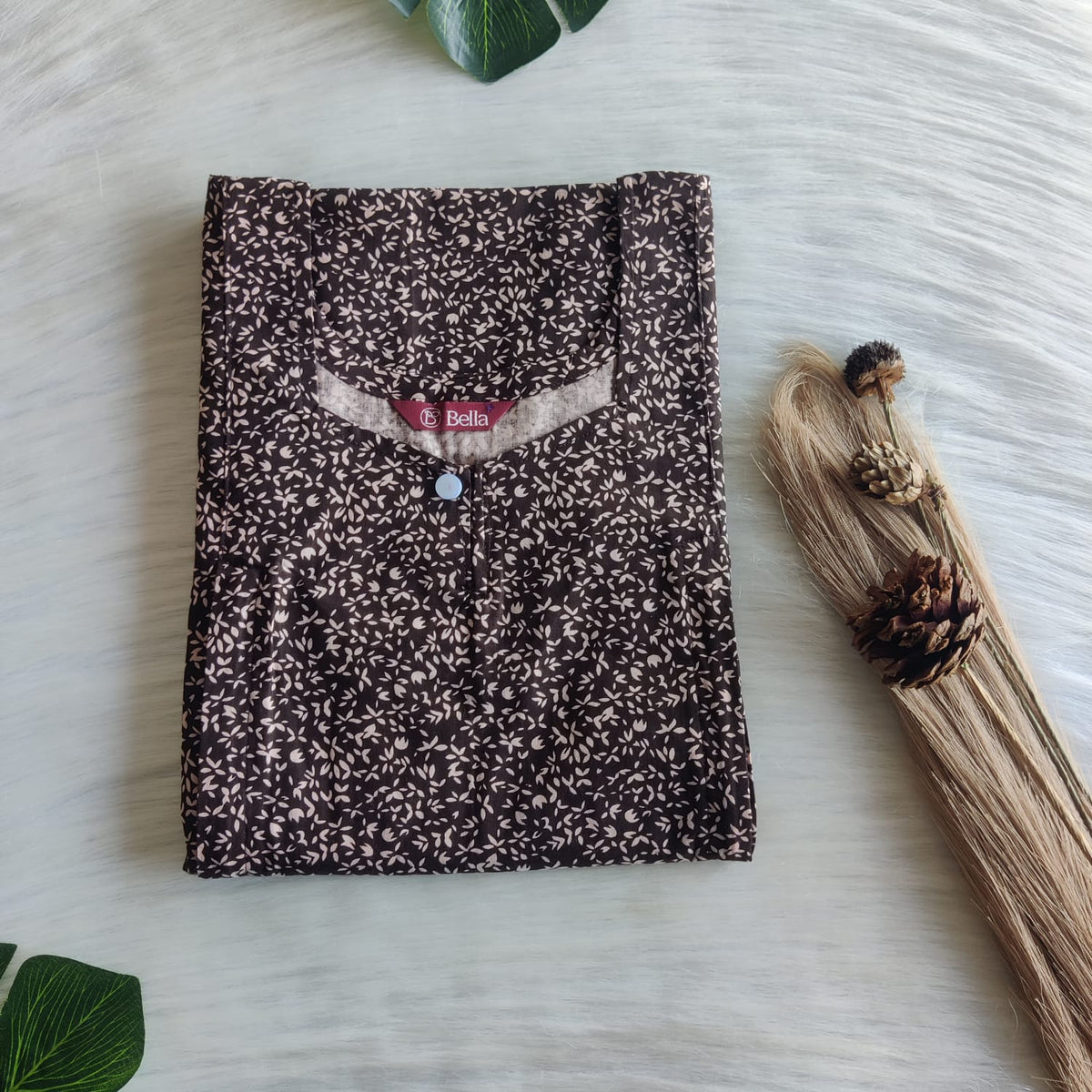 Coffee Brown Floral Printed Premium Cotton Aline Cut Vertical Zip Feeding Nighty | Free Size | Chest Width 44″| Length 54″-56″