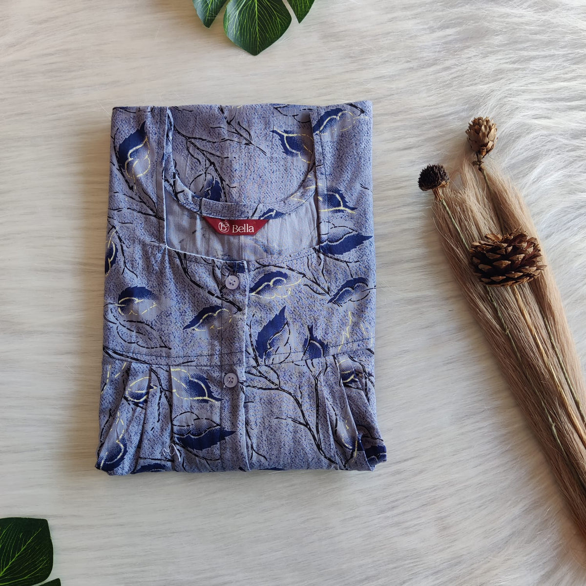 Ash Blue Printed Premium Cotton Full Open Labour Room Nighty | Free Size | Chest Width 44"| Length 54"-56"