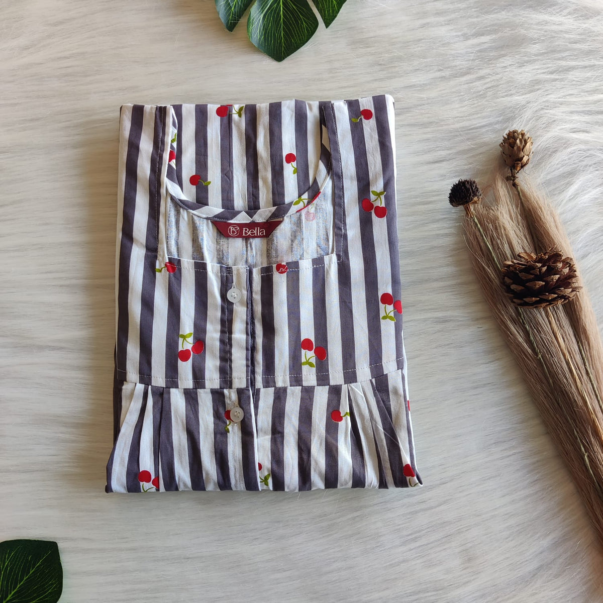 Cherry Printed Grey Premium Cotton Full Open Labour Room Nighty | Free Size | Chest Width 44"| Length 54"-56"