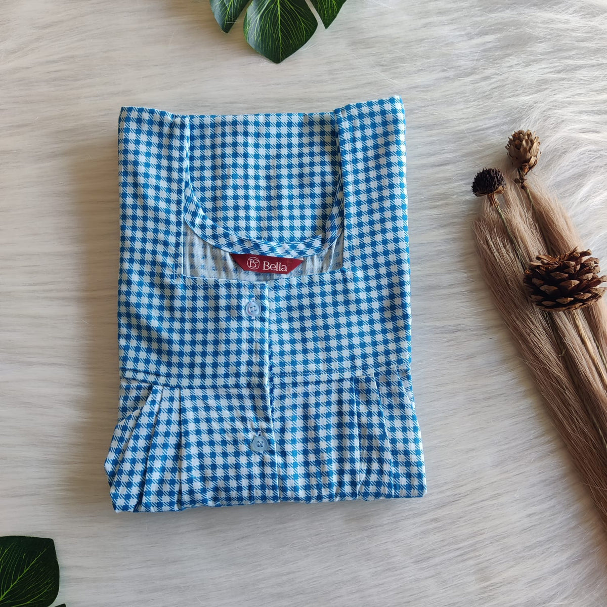 Blue Check Printed Premium Cotton Full Open Labour Room Nighty | Free Size | Chest Width 44"| Length 54"-56"