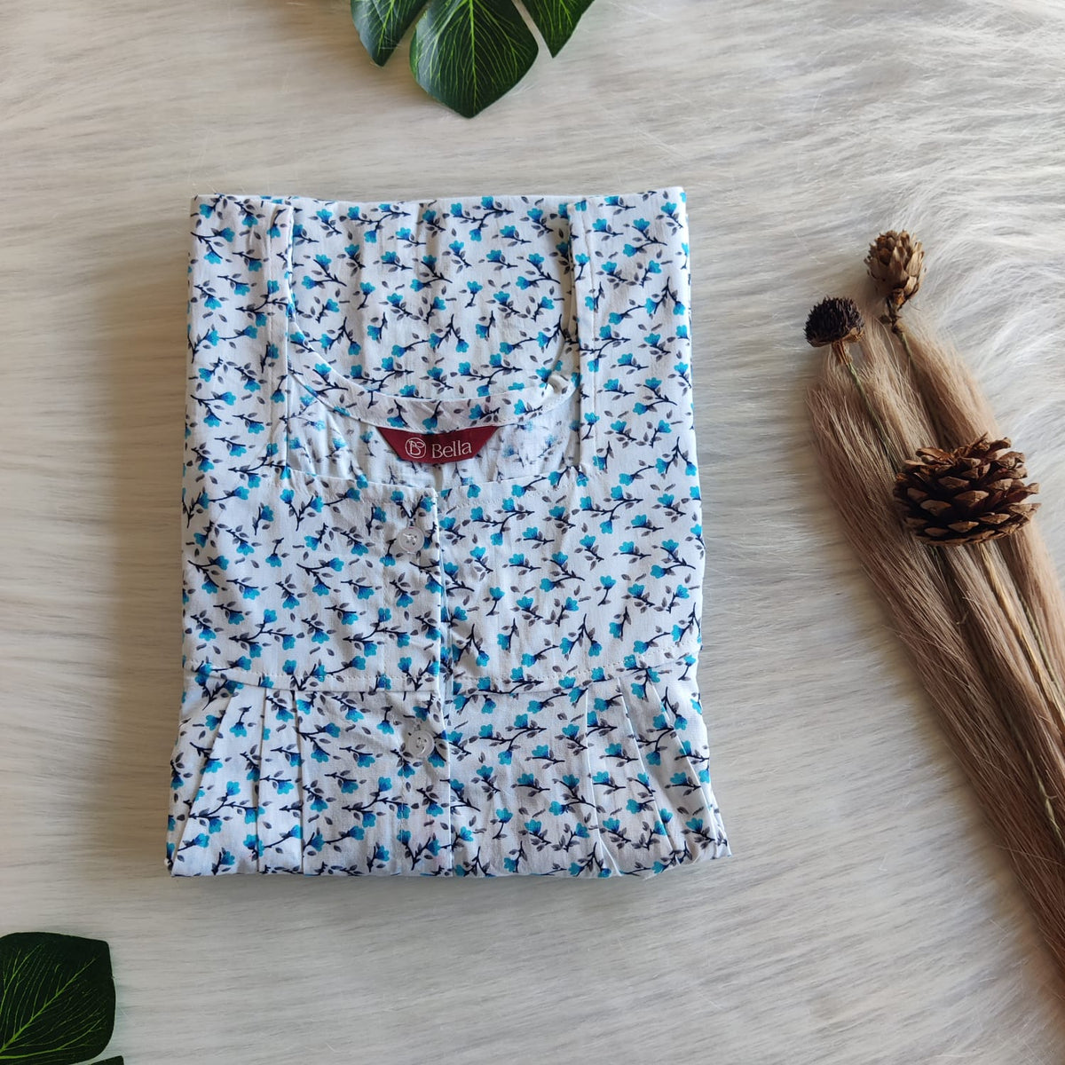 Blue Floral Printed White Premium Cotton Full Open Labour Room Nighty | Free Size | Chest Width 44"| Length 54"-56"