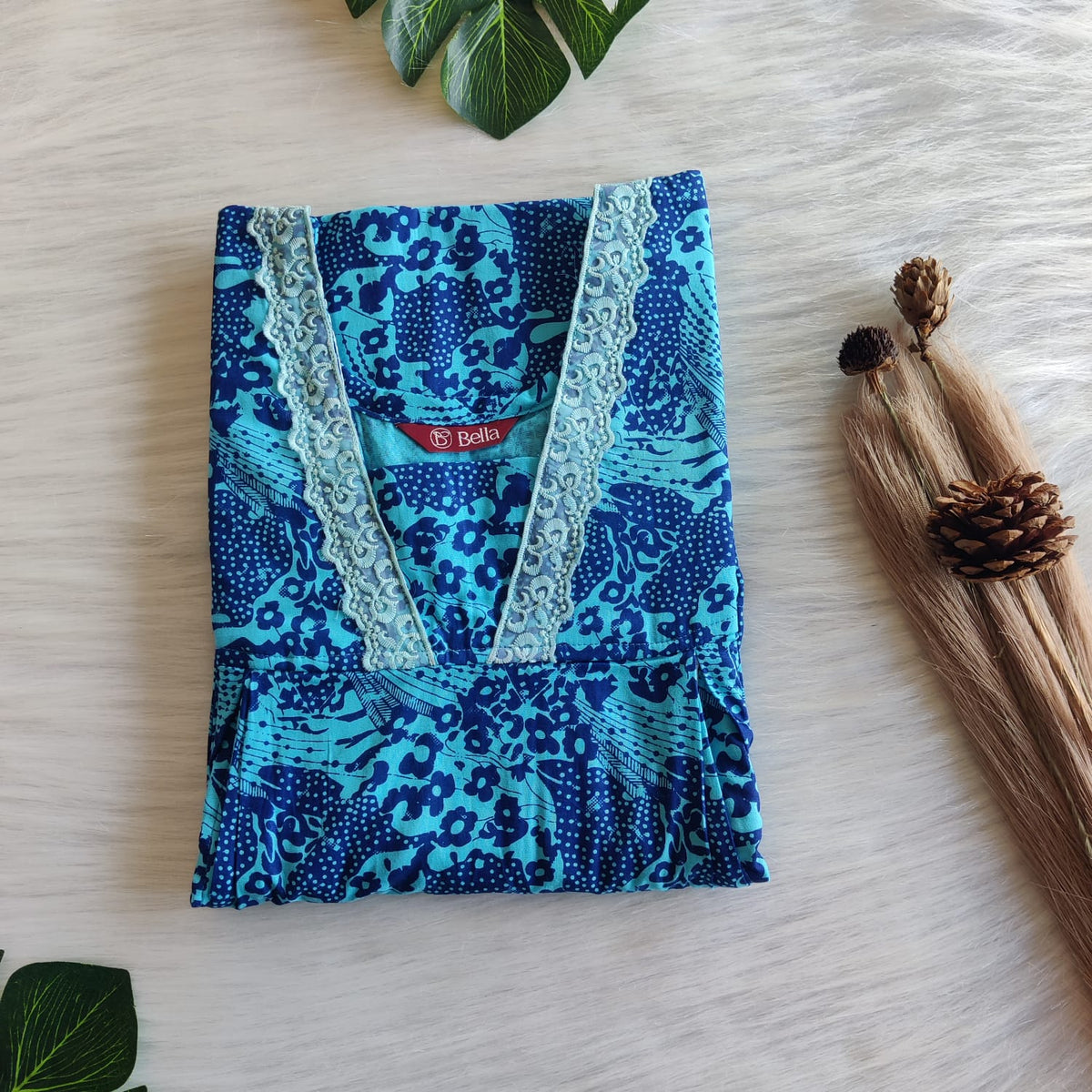 Blue Printed Premium Cotton Two Side Vertical Lace Zip Feeding Nighty | Free Size | Chest Width 44″| Length 56″