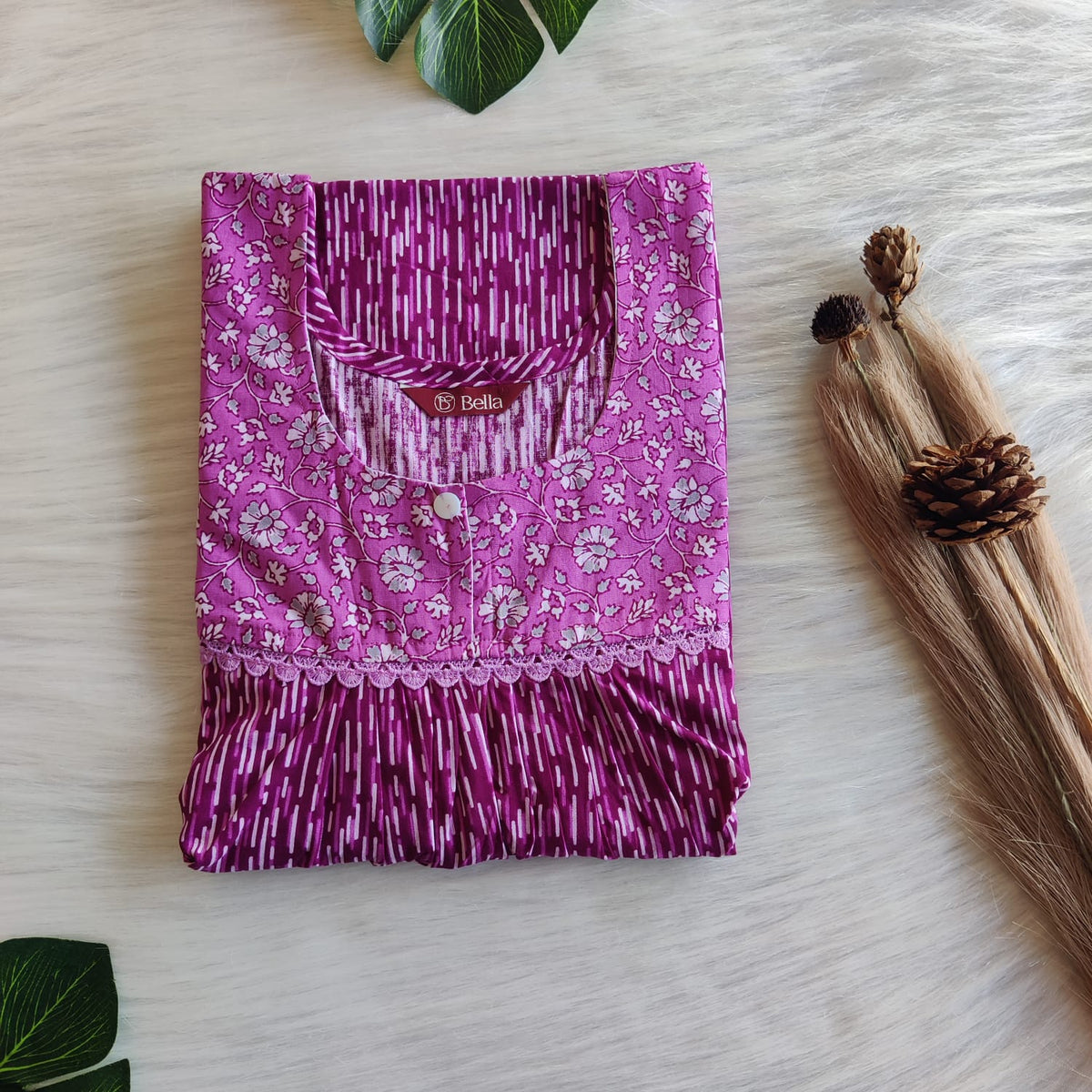 Pale And Dark Purple Printed Premium Cotton Lace Nighty | Free Size | Chest Width 44″| Length 54″-56″
