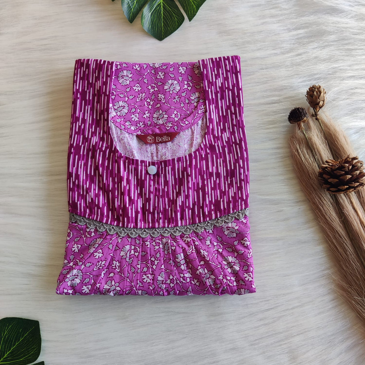 Dark And Pale Purple Printed Premium Cotton Lace Nighty | Free Size | Chest Width 44″| Length 54″-56″