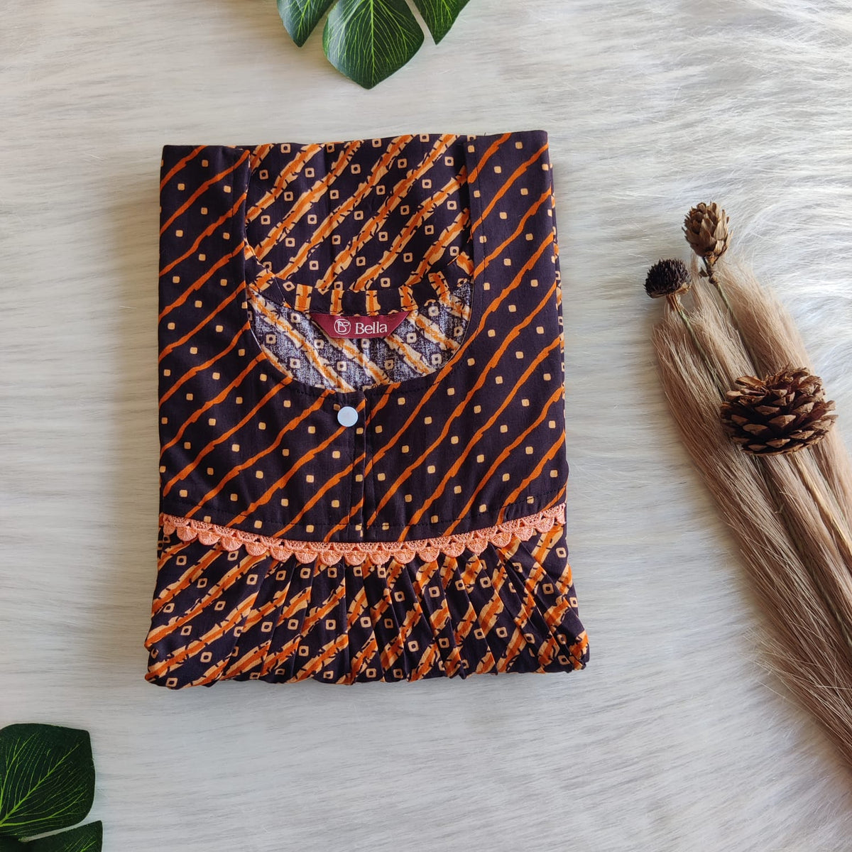 Brown And Orange Printed Premium Cotton Lace Nighty | Free Size | Chest Width 44″| Length 54″-56″