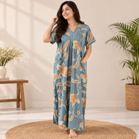 Brown Floral Printed Grey Printed V-Neck Alfine Churidar Cut Nighty | Free Size | Chest Width 44″| Length 56″
