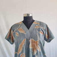 Brown Floral Printed Grey Printed V-Neck Alfine Churidar Cut Nighty | Free Size | Chest Width 44″| Length 56″