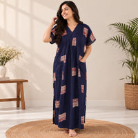 Navy Blue Printed V-Neck Alfine Churidar Cut Nighty | Free Size | Chest Width 44″| Length 56″
