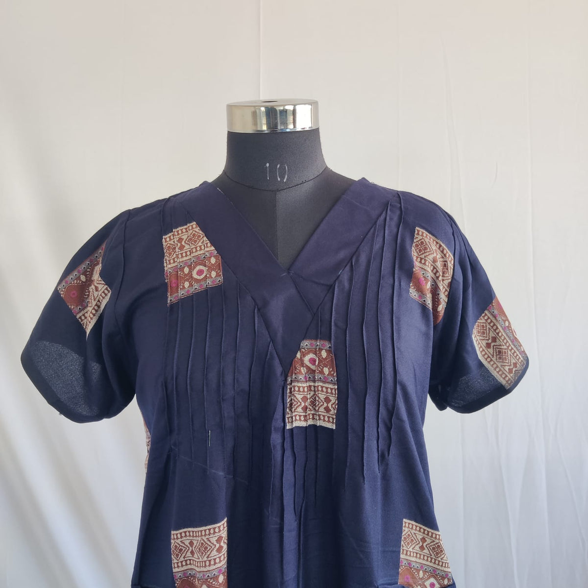 Navy Blue Printed V-Neck Alfine Churidar Cut Nighty | Free Size | Chest Width 44″| Length 56″