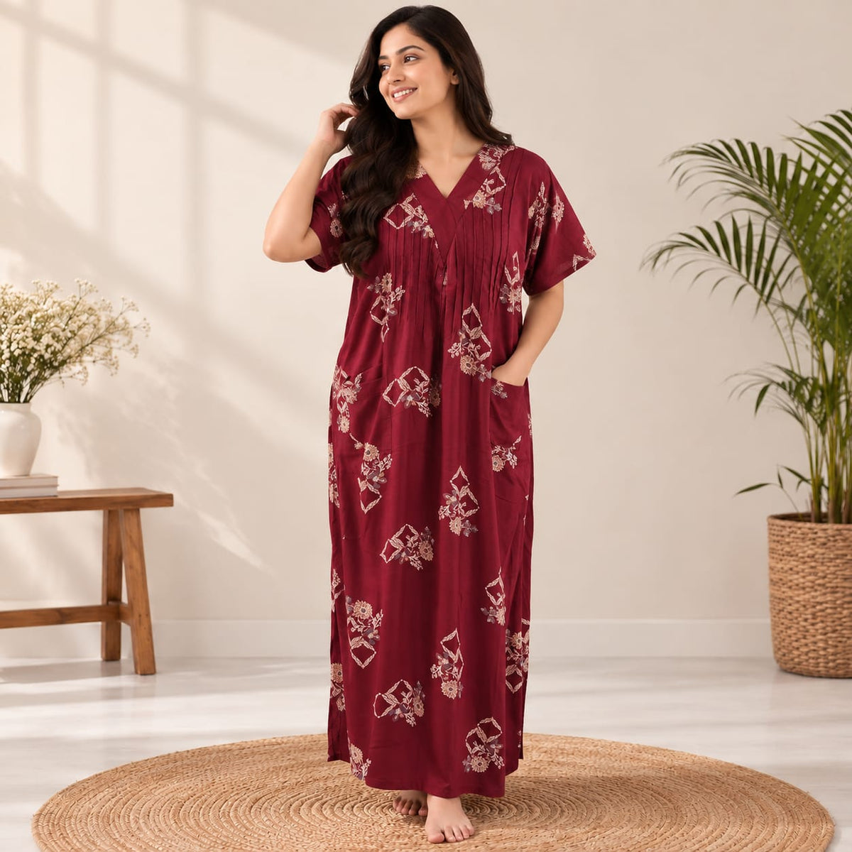 Maroon Floral Printed V-Neck Alfine Churidar Cut Nighty | Free Size | Chest Width 44″| Length 56″