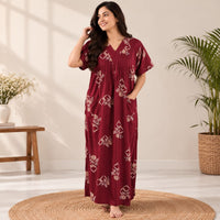 Maroon Floral Printed V-Neck Alfine Churidar Cut Nighty | Free Size | Chest Width 44″| Length 56″