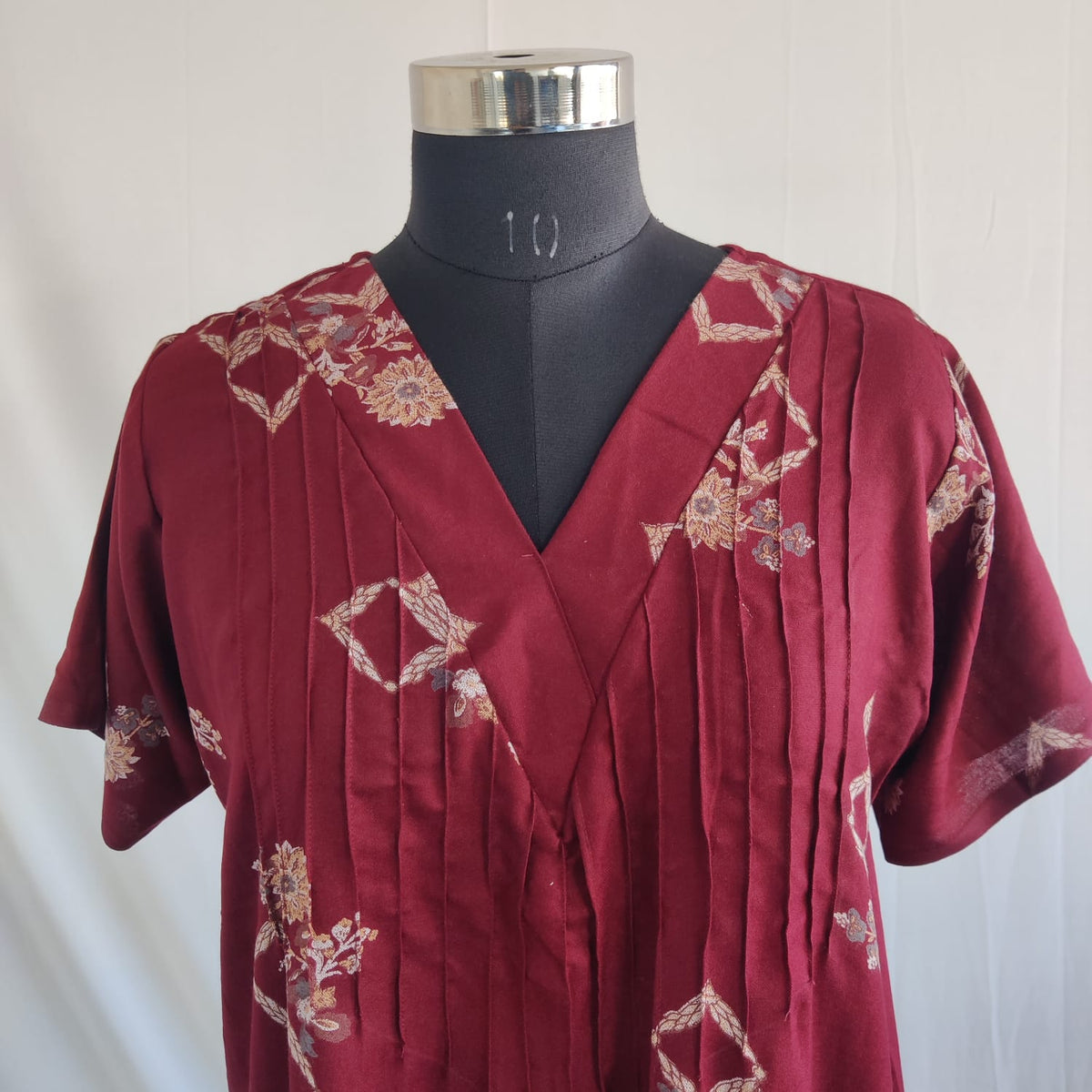 Maroon Floral Printed V-Neck Alfine Churidar Cut Nighty | Free Size | Chest Width 44″| Length 56″
