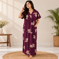 Wine Floral Printed V-Neck Alfine Churidar Cut Nighty | Free Size | Chest Width 44″| Length 56″