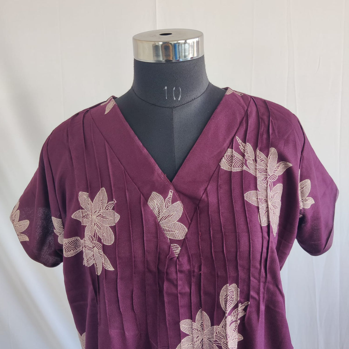 Wine Floral Printed V-Neck Alfine Churidar Cut Nighty | Free Size | Chest Width 44″| Length 56″