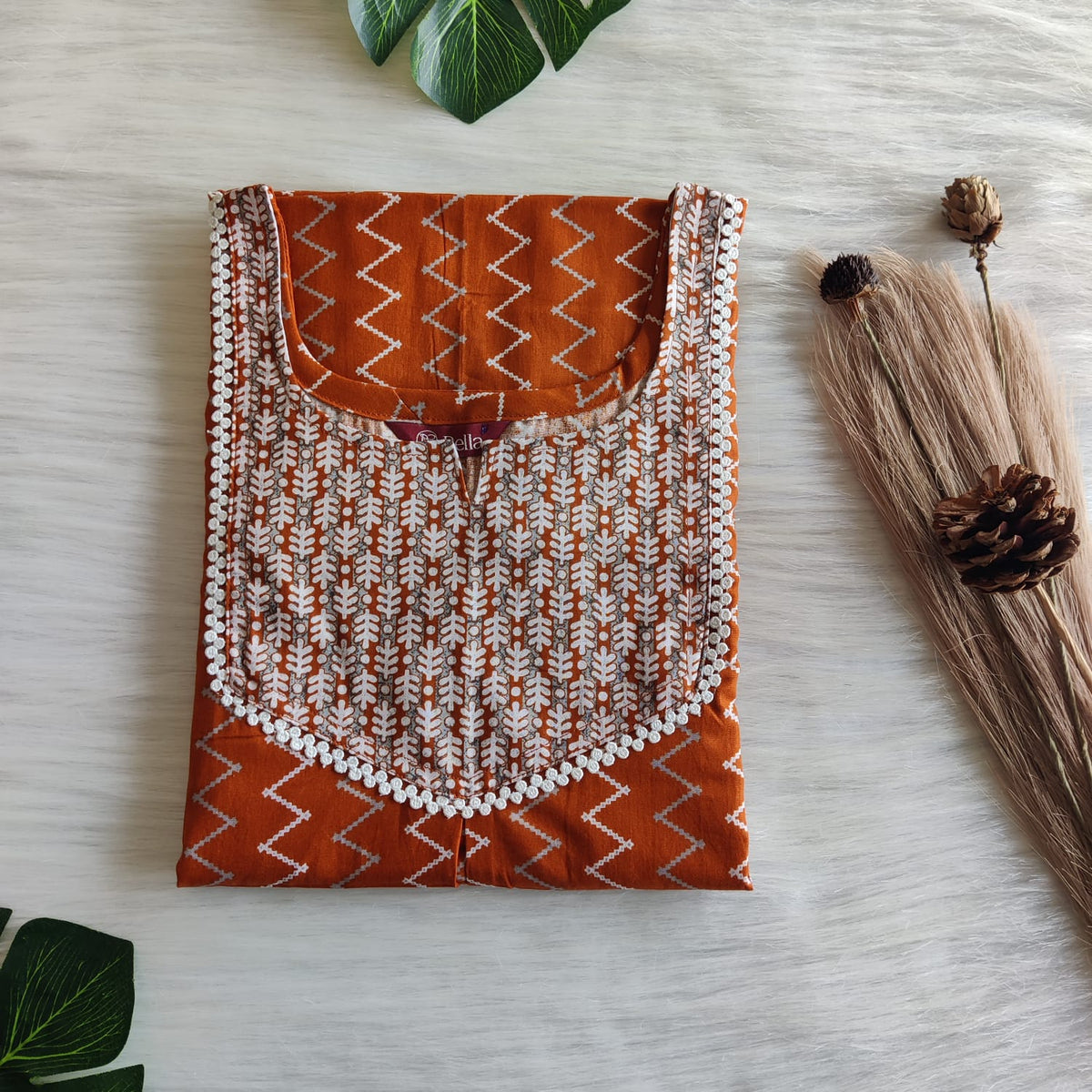Grey And Rust Orange Zig Zag Printed Premium Cotton Mix N Match Lace Pocket Nighty | Free Size | Chest Width 44″| Length 56″