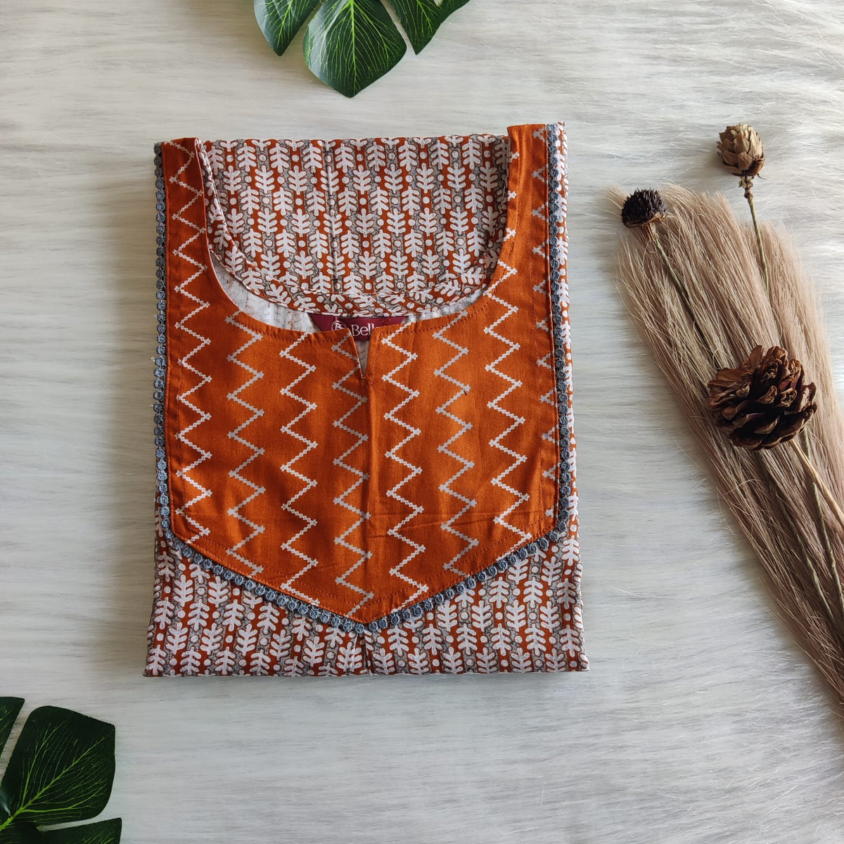 Rust Orange And Grey Printed Premium Cotton Mix N Match Lace Pocket Nighty | Free Size | Chest Width 44″| Length 56″