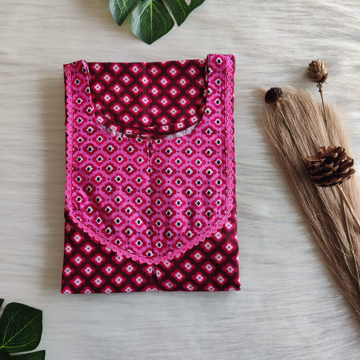 Pink And Maroon Printed Premium Cotton Mix N Match Lace Pocket Nighty | Free Size | Chest Width 44″| Length 56″