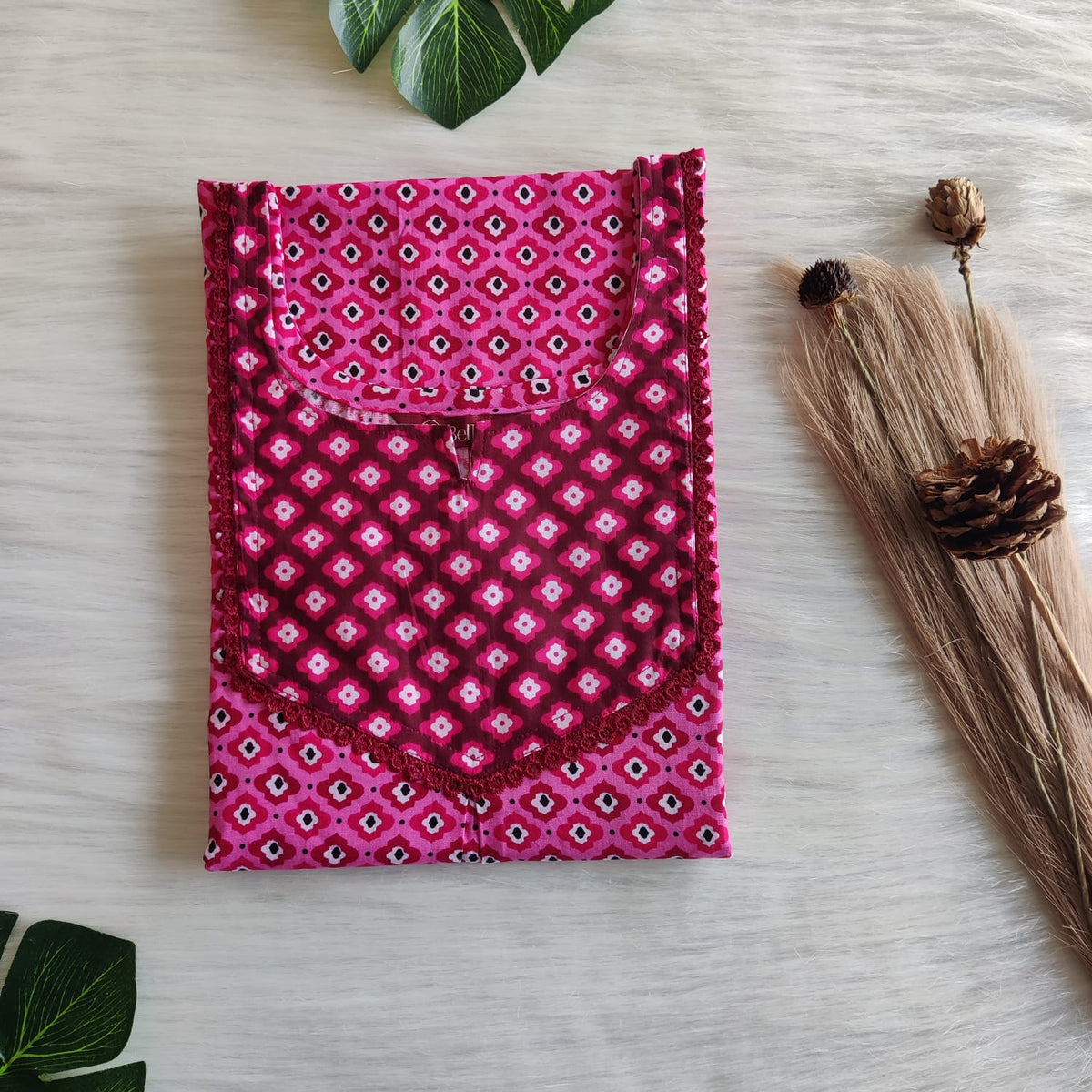 Maroon And Pink Printed Premium Cotton Mix N Match Lace Pocket Nighty | Free Size | Chest Width 44″| Length 56″