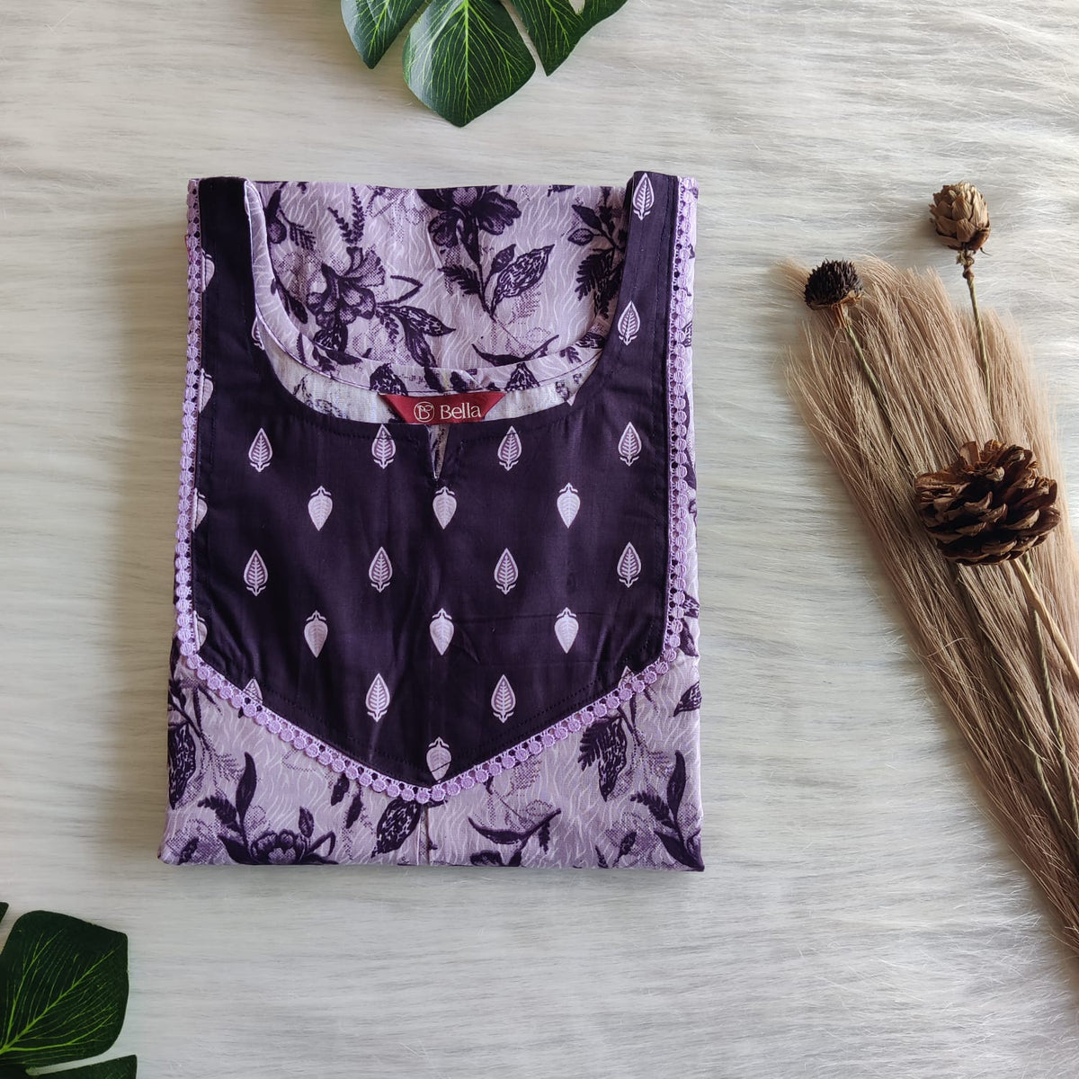 Dark And Pale Purple Printed Premium Cotton Mix N Match Lace Pocket Nighty | Free Size | Chest Width 44″| Length 56″