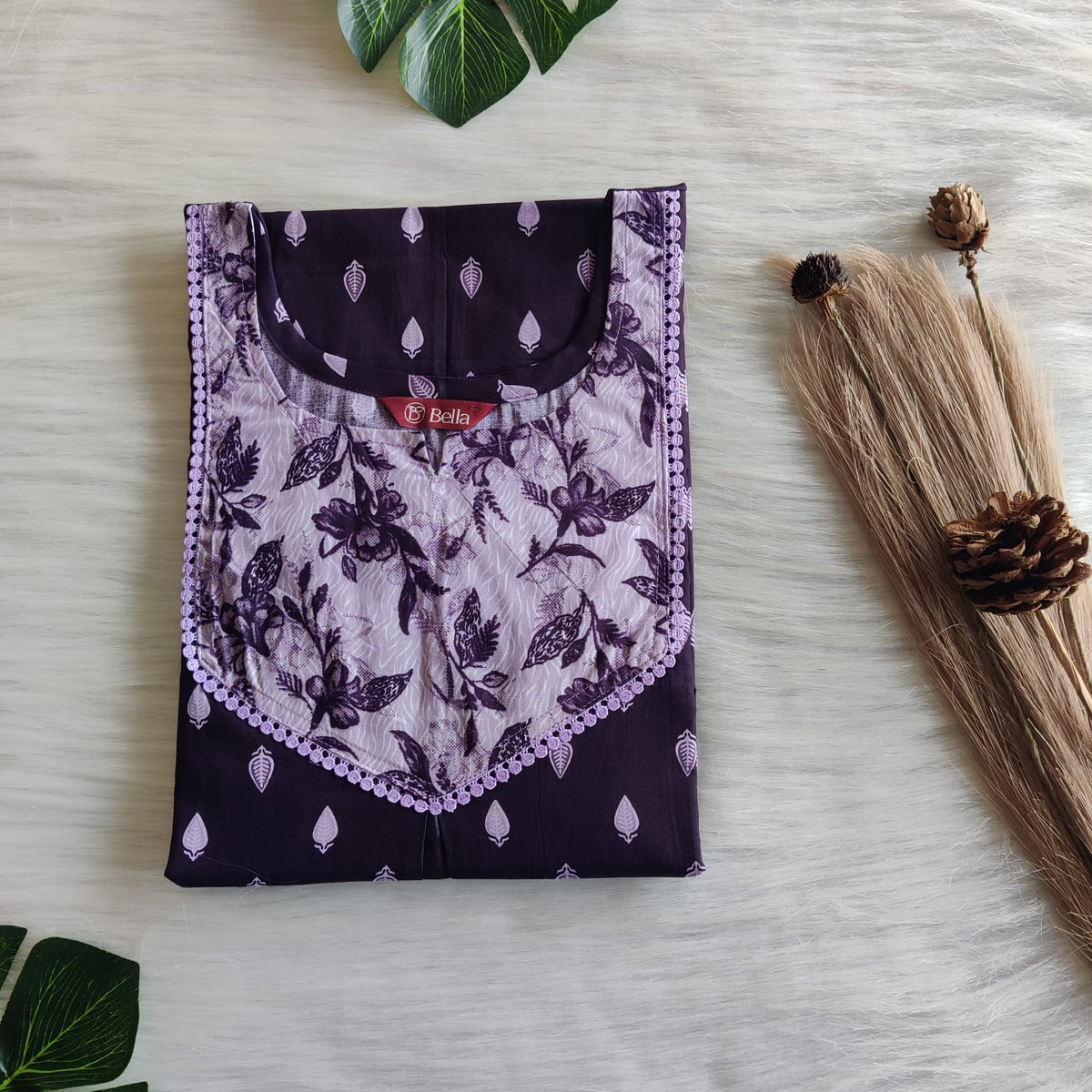 Pale And Dark Purple Printed Premium Cotton Mix N Match Lace Pocket Nighty | Free Size | Chest Width 44″| Length 56″