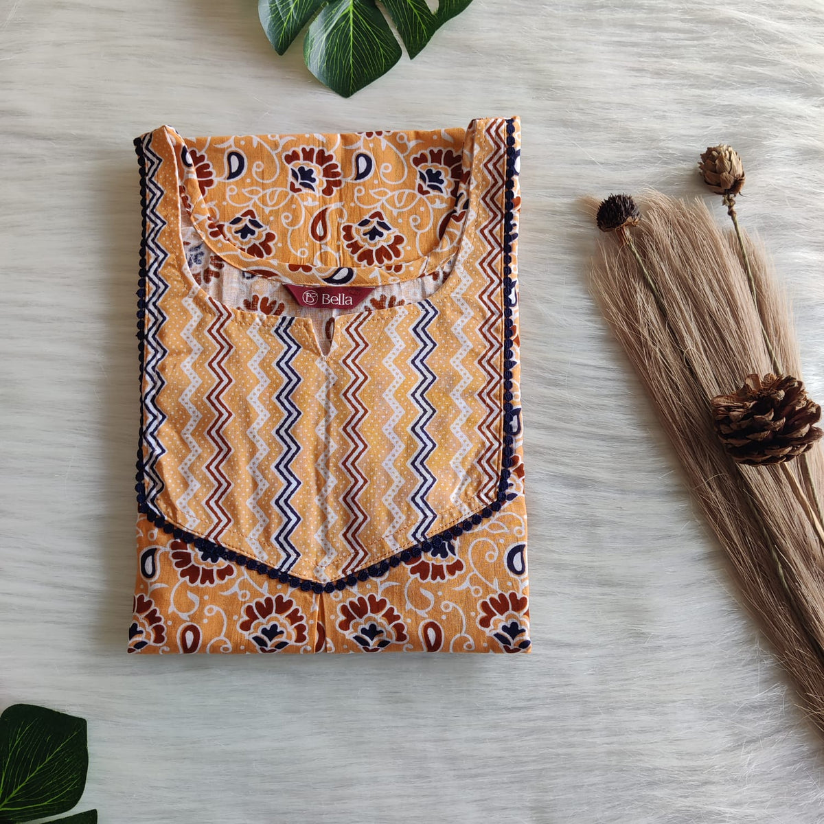 Navy Blue And Pale Orange Floral Printed Premium Cotton Mix N Match Lace Pocket Nighty | Free Size | Chest Width 44″| Length 56″
