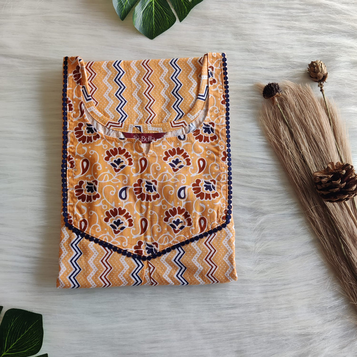 Pale Orange And Navy Blue Zig Zag Printed Premium Cotton Mix N Match Lace Pocket Nighty | Free Size | Chest Width 44″| Length 56″