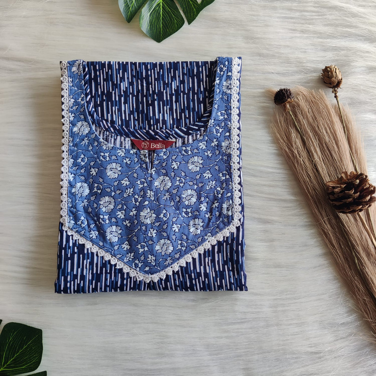 Pale And Dark Blue Printed Premium Cotton Mix N Match Lace Pocket Nighty | Free Size | Chest Width 44″| Length 56″