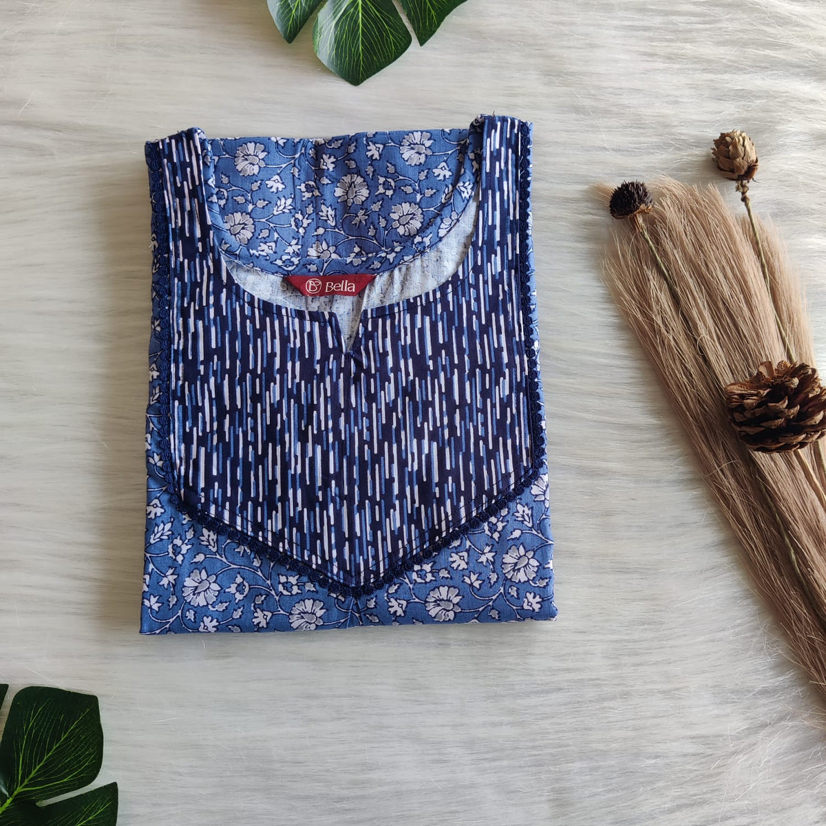 Dark And Ash Blue Floral Printed Premium Cotton Mix N Match Lace Pocket Nighty | Free Size | Chest Width 44″| Length 56″