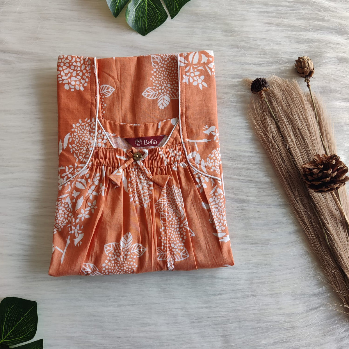 Pale Orange Floral Printed Premium Cotton Front Elastic Pleated Nighty | Free Size | Chest Width 44″| Length 56″
