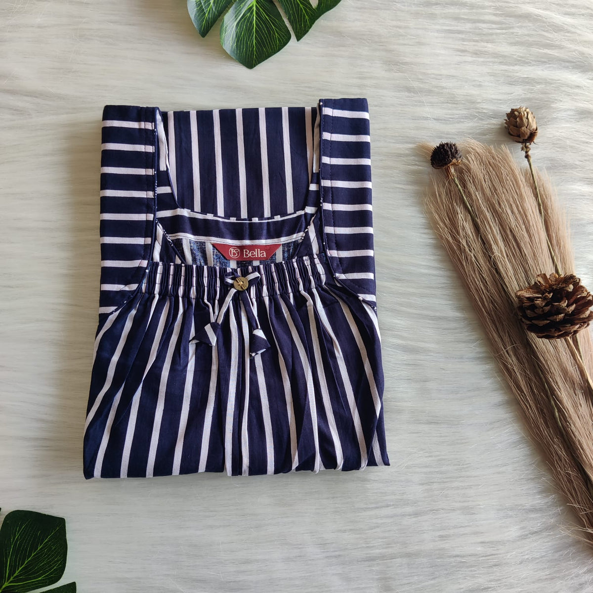 Navy Blue Stripes Printed Premium Cotton Front Elastic Pleated Nighty | Free Size | Chest Width 44″| Length 56″
