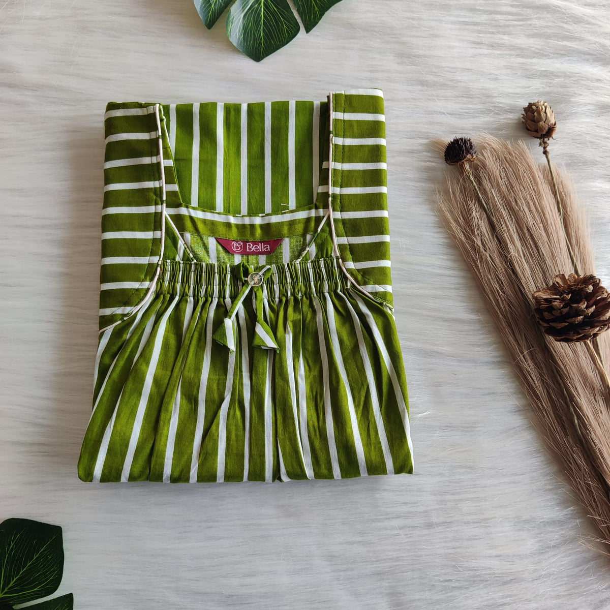Green Stripes Printed Premium Cotton Front Elastic Pleated Nighty | Free Size | Chest Width 44″| Length 56″