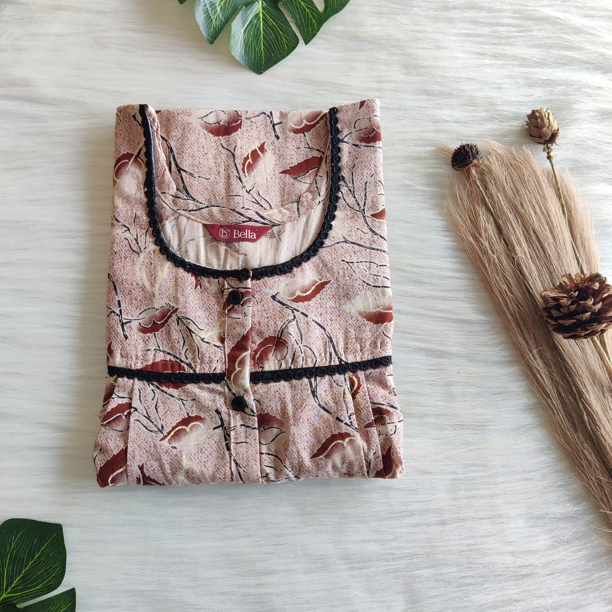 Pale Brown Printed Premium Cotton Lace Button Nighty | Free Size | Chest Width 44"| Length 54"-56"