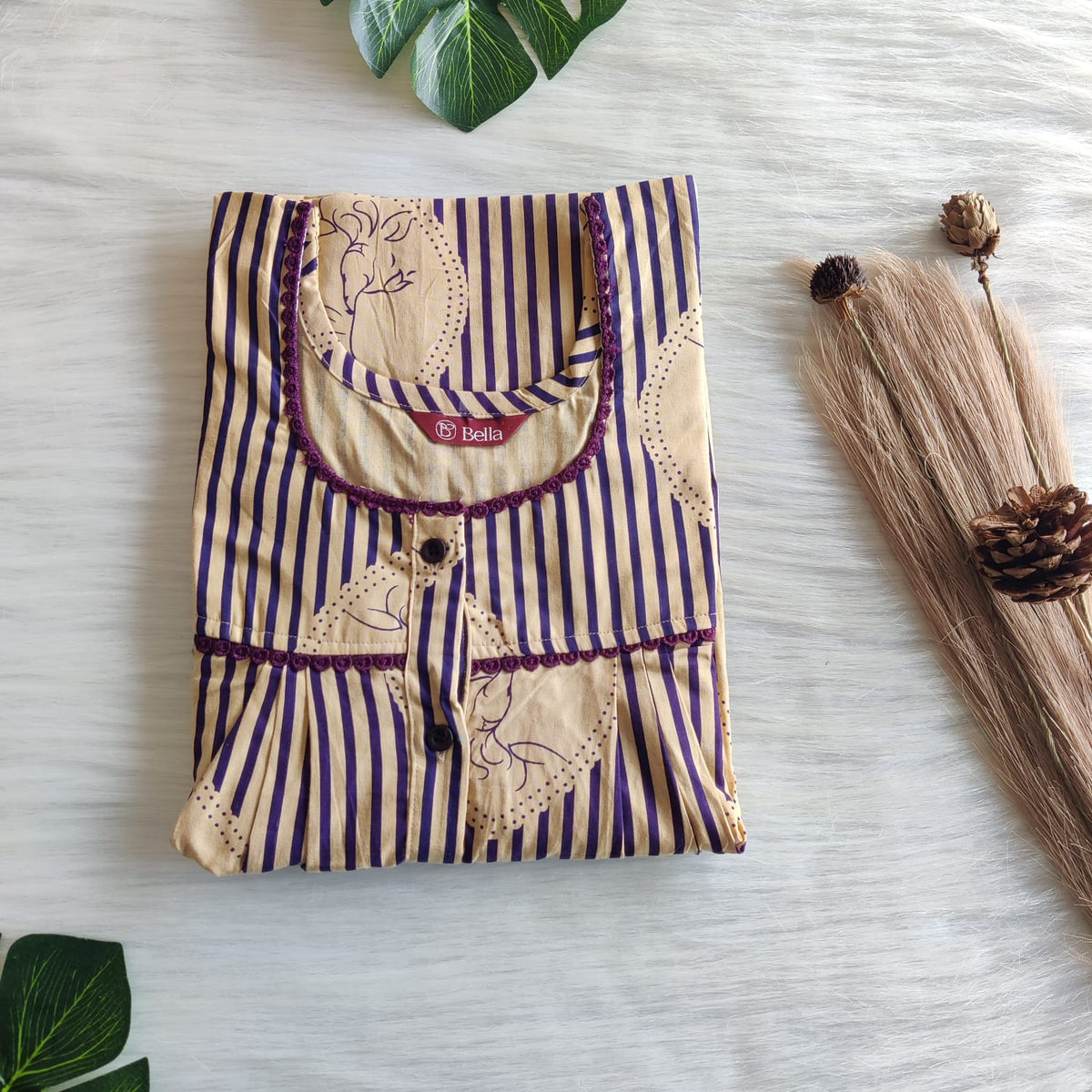 Violet Stripes Printed Beige Premium Cotton Lace Button Nighty | Free Size | Chest Width 44"| Length 54"-56"