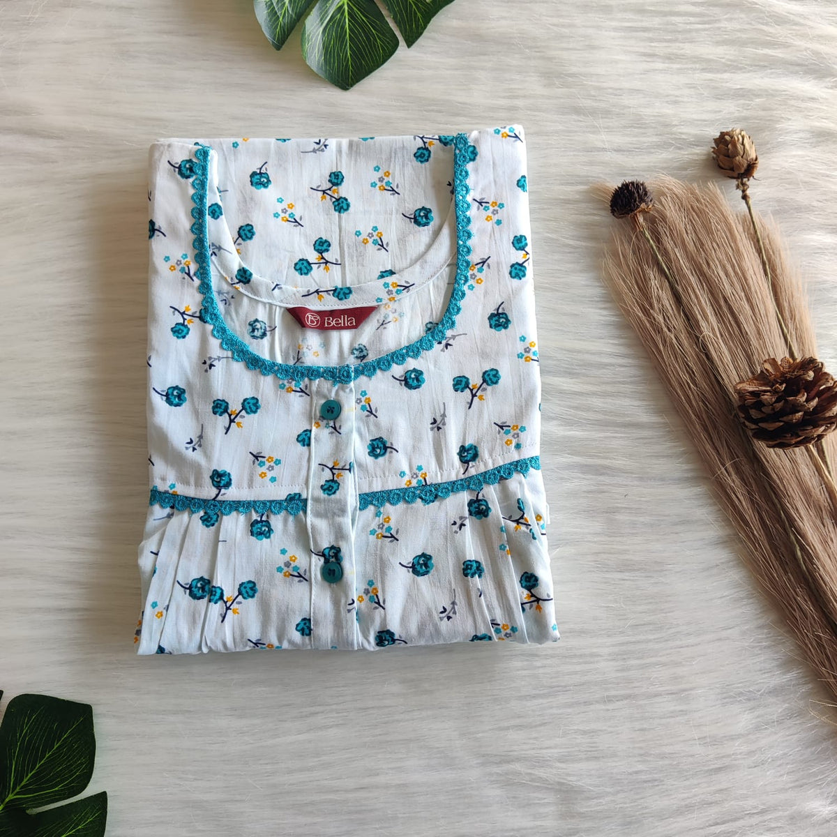 Blue Floral Printed White Premium Cotton Lace Button Nighty | Free Size | Chest Width 44"| Length 54"-56"